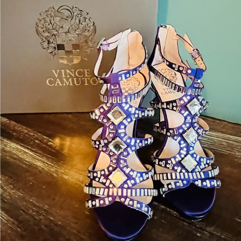 Vince Camuto Crista Embellished Heels in Dark Purple Satin